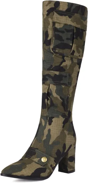 Women's Camo Knee High Boots Pointed Toe Block Heel Denim Long Boots Stud Multiple Pockets Tall Boots