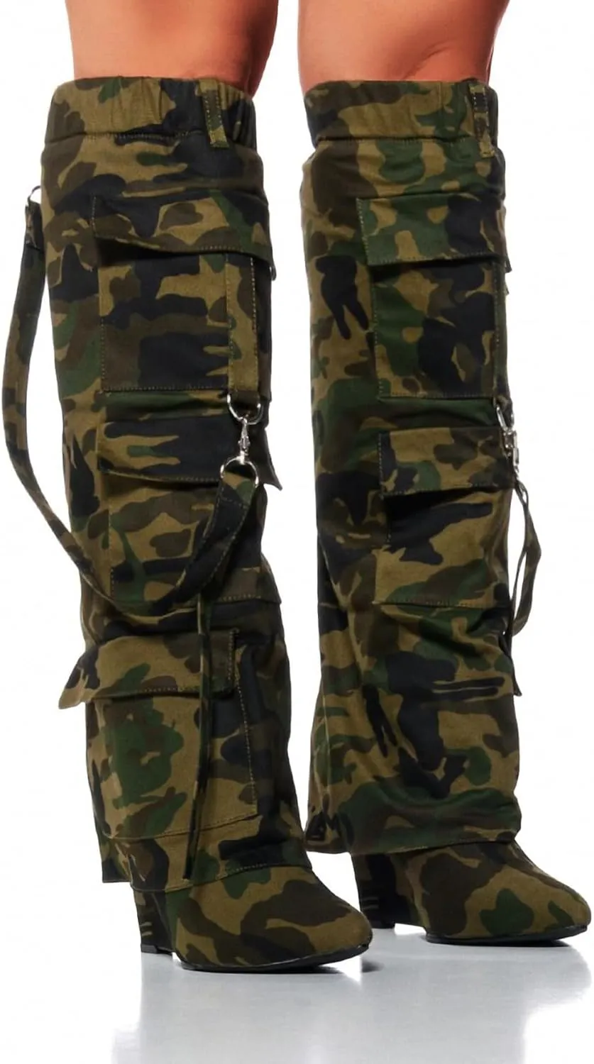 Women's Camo Knee High Boots Slouch High Heels Boots Pointed Stiletto Casual Pull-On Tall Boot Party Dress Shoes