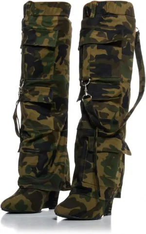 Women's Camo Knee High Boots Slouch High Heels Boots Pointed Stiletto Casual Pull-On Tall Boot Party Dress Shoes