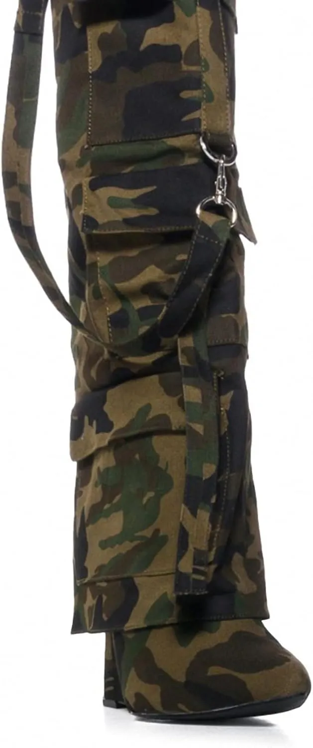 Women's Camo Knee High Boots Slouch High Heels Boots Pointed Stiletto Casual Pull-On Tall Boot Party Dress Shoes