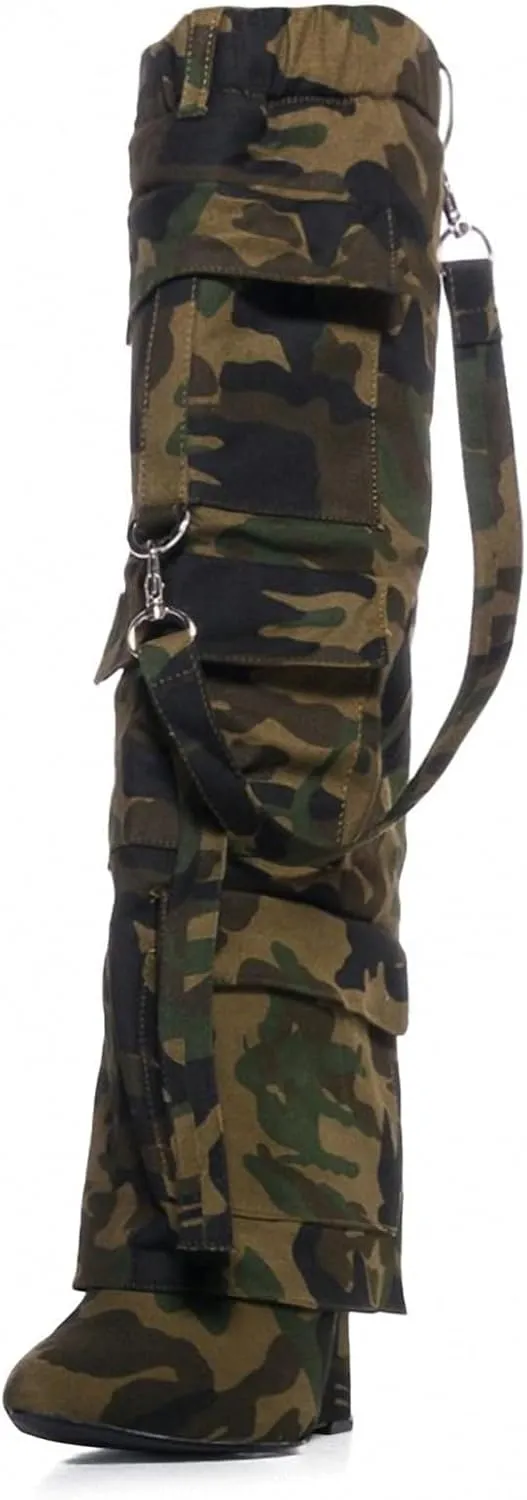 Women's Camo Knee High Boots Slouch High Heels Boots Pointed Stiletto Casual Pull-On Tall Boot Party Dress Shoes