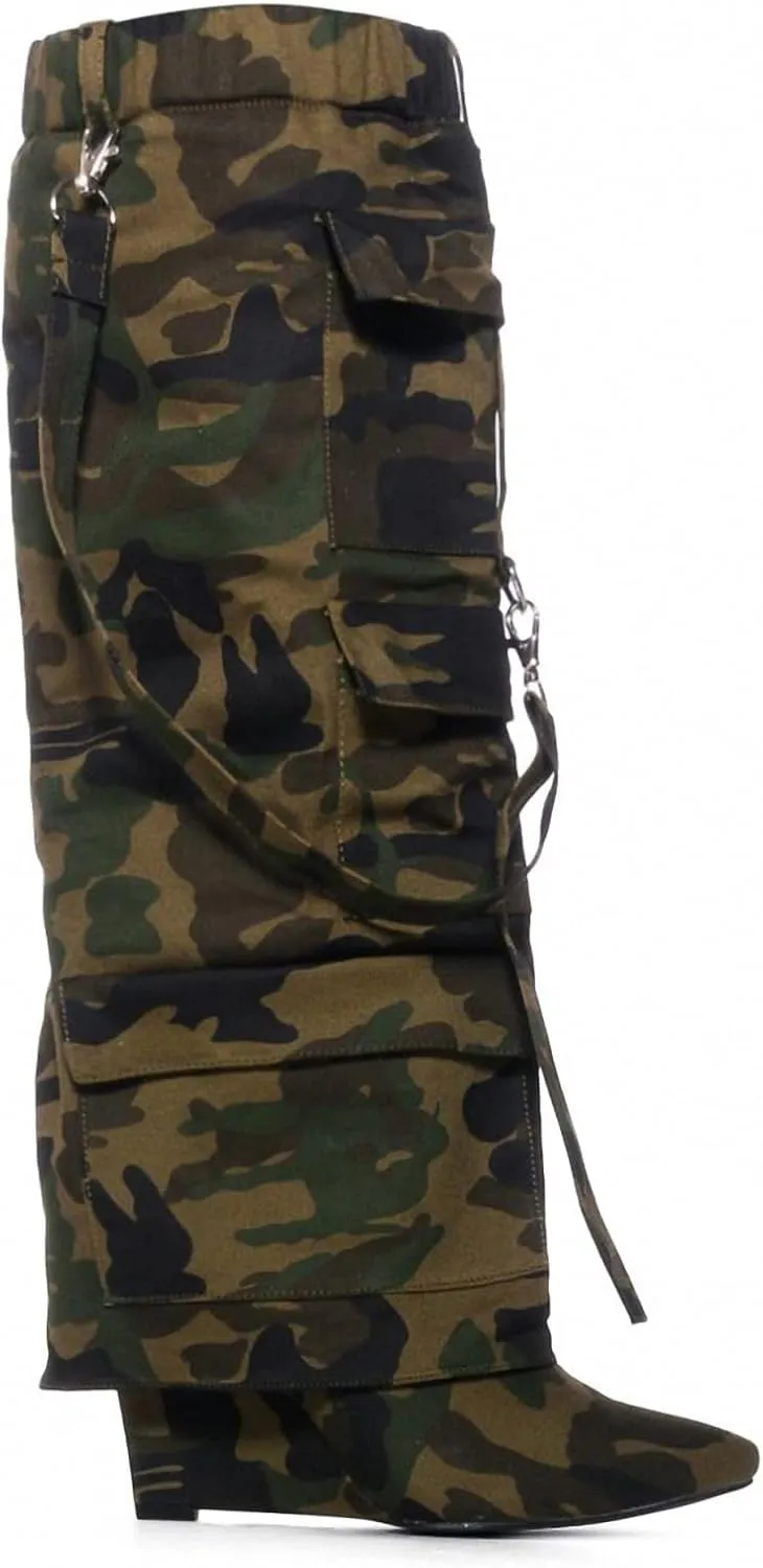 Women's Camo Knee High Boots Slouch High Heels Boots Pointed Stiletto Casual Pull-On Tall Boot Party Dress Shoes