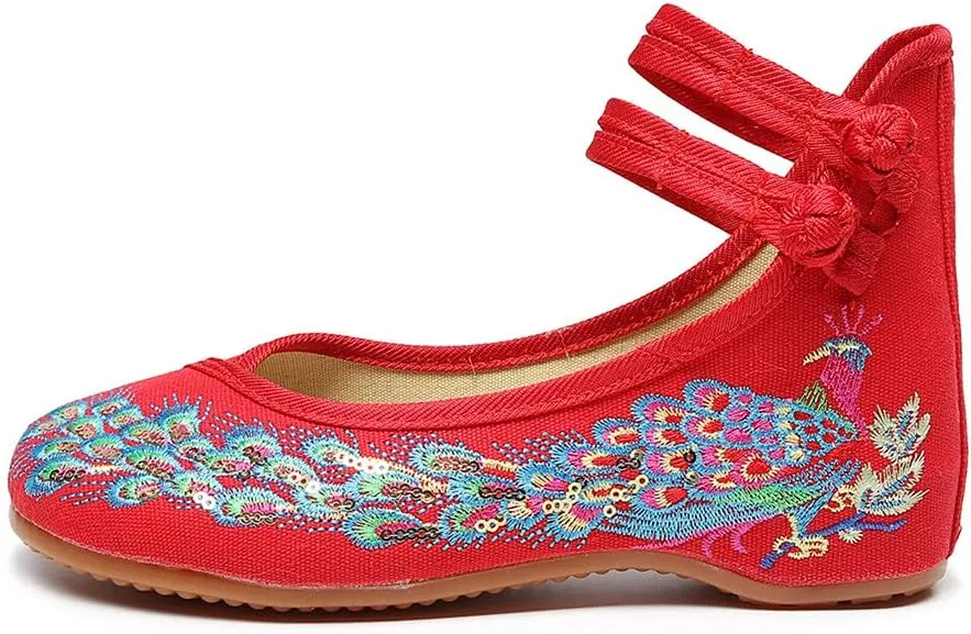 Womens Chinese Traditional Embroidery Flats Cheongsam Walking Mary Jane Shoes Handmade Flower Embroidered Shoes