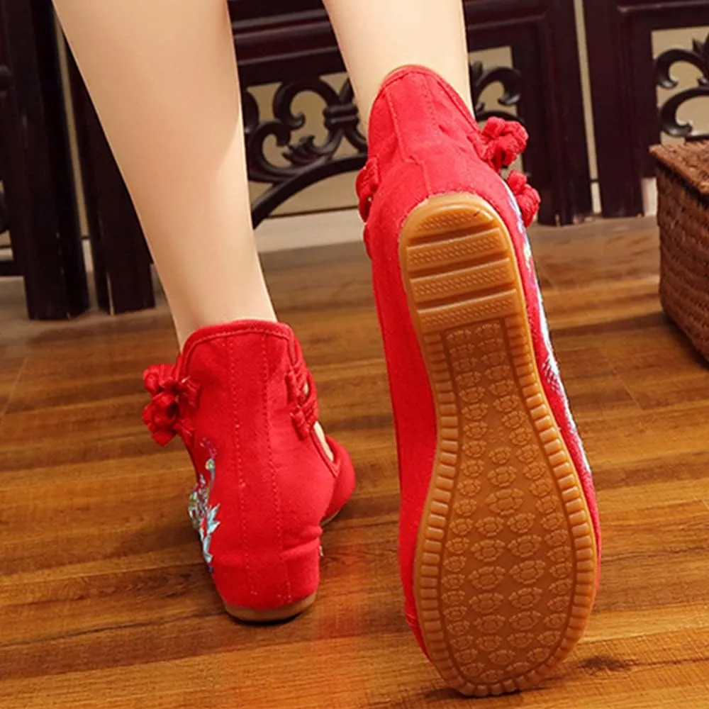 Womens Chinese Traditional Embroidery Flats Cheongsam Walking Mary Jane Shoes Handmade Flower Embroidered Shoes
