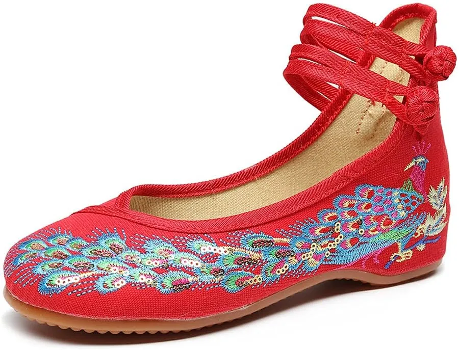 Womens Chinese Traditional Embroidery Flats Cheongsam Walking Mary Jane Shoes Handmade Flower Embroidered Shoes