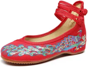 Womens Chinese Traditional Embroidery Flats Cheongsam Walking Mary Jane Shoes Handmade Flower Embroidered Shoes