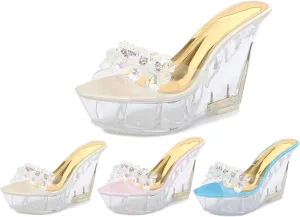 Women's Clear Wedge Sandals with Rhinestones – Open Toe Slip-On Heels, Transparent High Platform Mules for Summer Parties, Weddings & Daily Chic Style