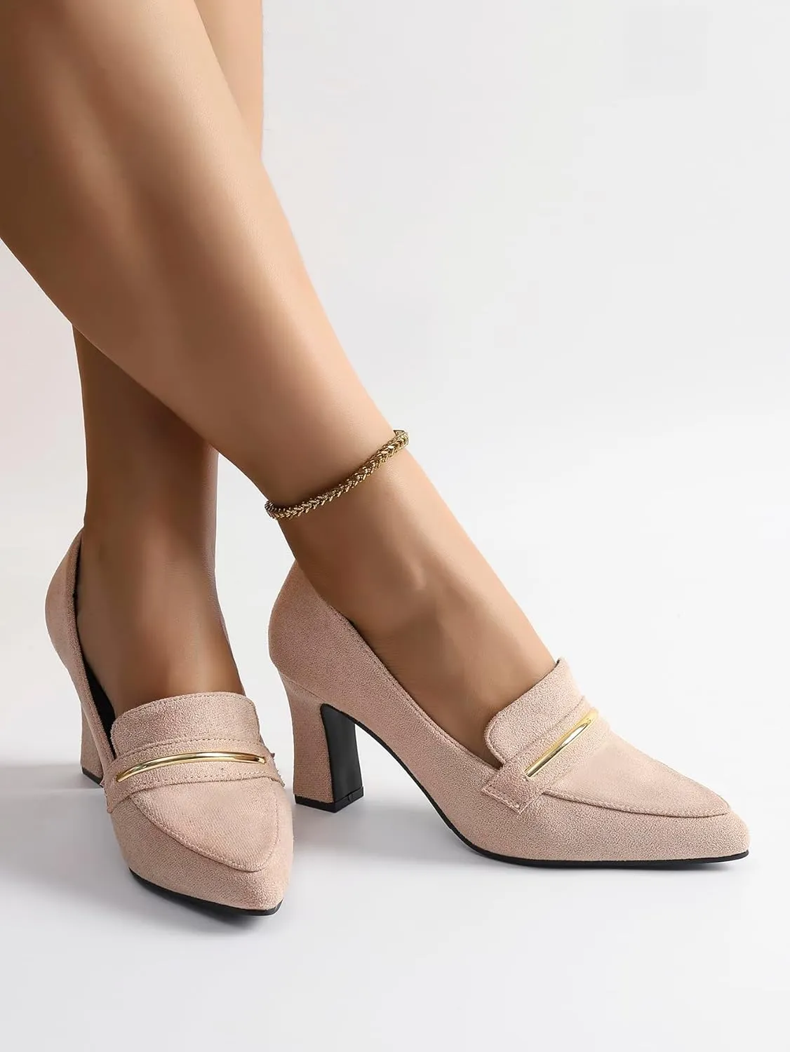 Womens Closed Pointed Toe Suede Loafer Pumps Low Block Heeled Slip On Loafers for Women Work Office Business Comfortable Chunky Heels Shoes 2.95 Inch