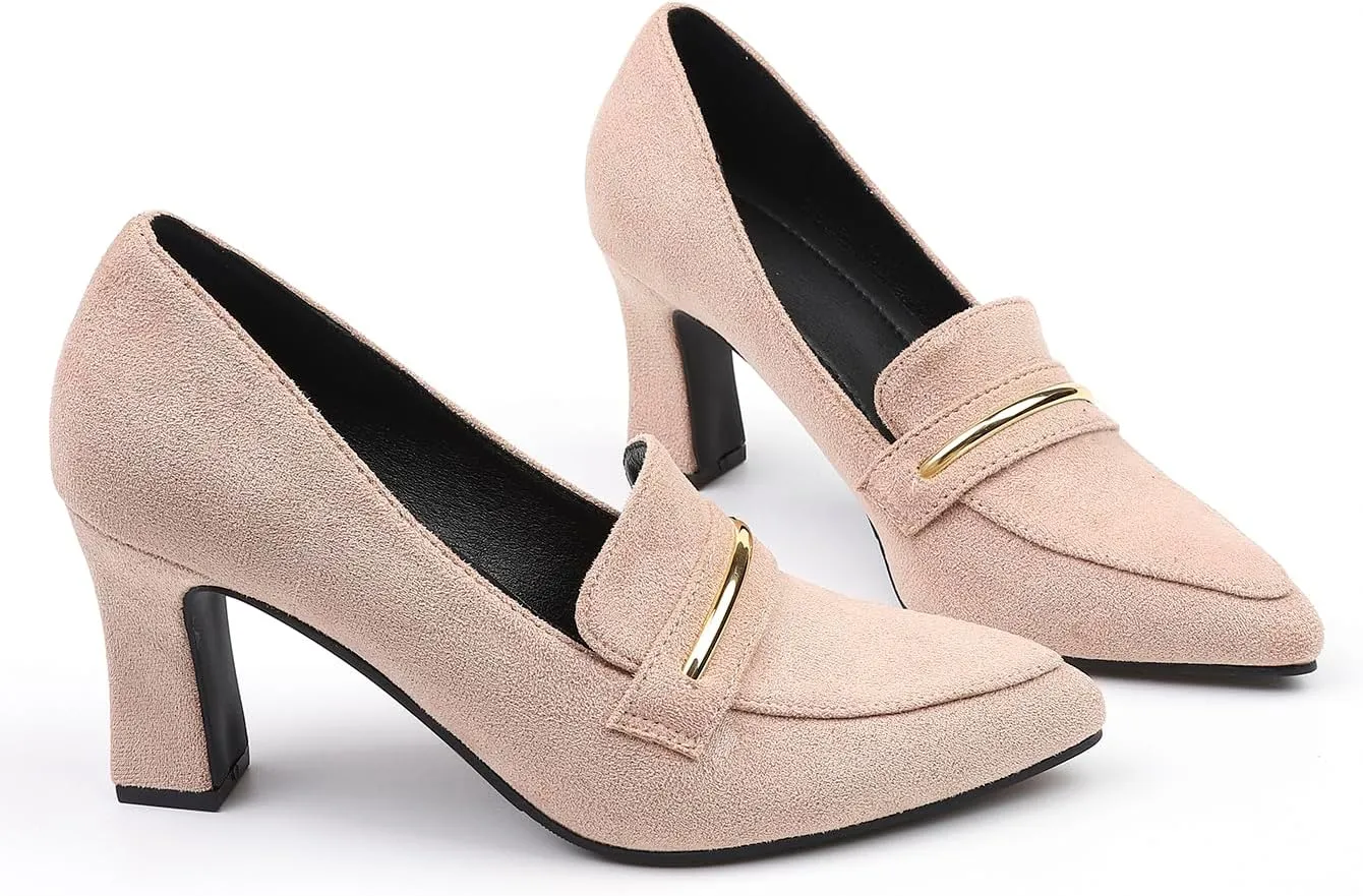 Womens Closed Pointed Toe Suede Loafer Pumps Low Block Heeled Slip On Loafers for Women Work Office Business Comfortable Chunky Heels Shoes 2.95 Inch