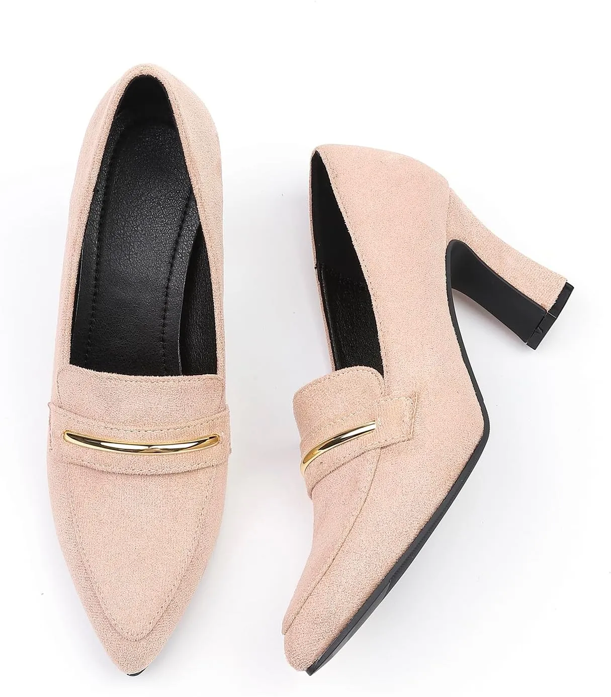 Womens Closed Pointed Toe Suede Loafer Pumps Low Block Heeled Slip On Loafers for Women Work Office Business Comfortable Chunky Heels Shoes 2.95 Inch
