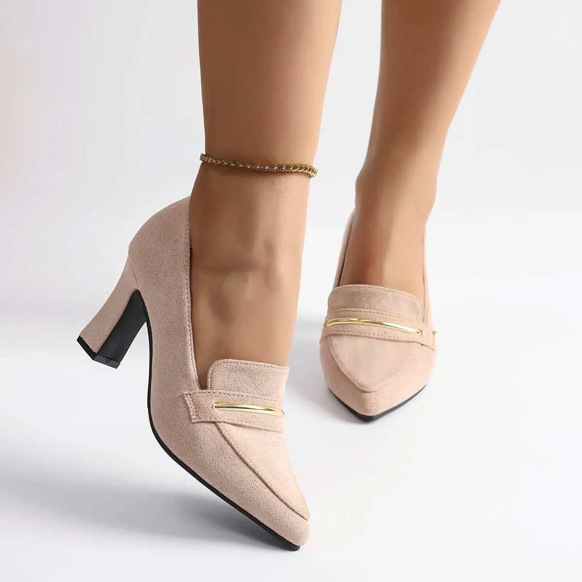 Womens Closed Pointed Toe Suede Loafer Pumps Low Block Heeled Slip On Loafers for Women Work Office Business Comfortable Chunky Heels Shoes 2.95 Inch