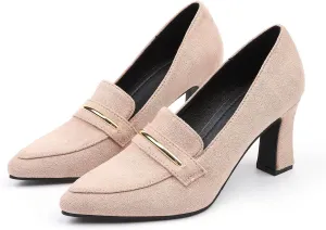 Womens Closed Pointed Toe Suede Loafer Pumps Low Block Heeled Slip On Loafers for Women Work Office Business Comfortable Chunky Heels Shoes 2.95 Inch