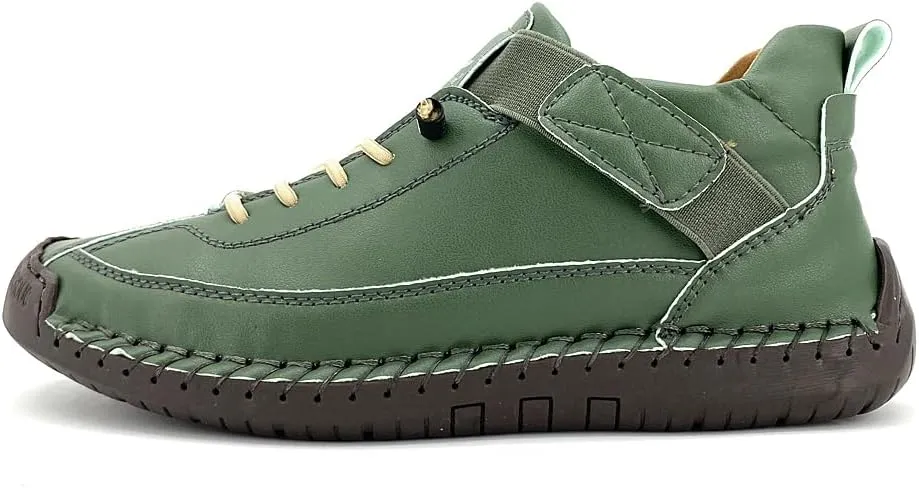 Women's Comfort Walking Shoes, Handstitched Leather Ankle Boots, Green Slip-On Outdoor Flats