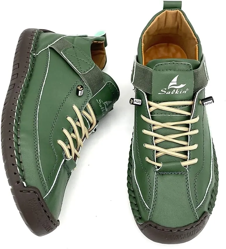 Women's Comfort Walking Shoes, Handstitched Leather Ankle Boots, Green Slip-On Outdoor Flats