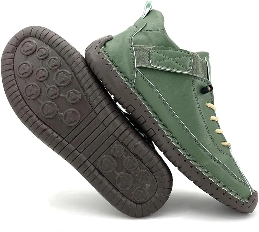 Women's Comfort Walking Shoes, Handstitched Leather Ankle Boots, Green Slip-On Outdoor Flats