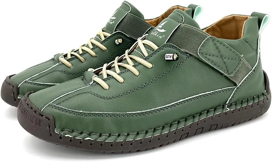 Women's Comfort Walking Shoes, Handstitched Leather Ankle Boots, Green Slip-On Outdoor Flats