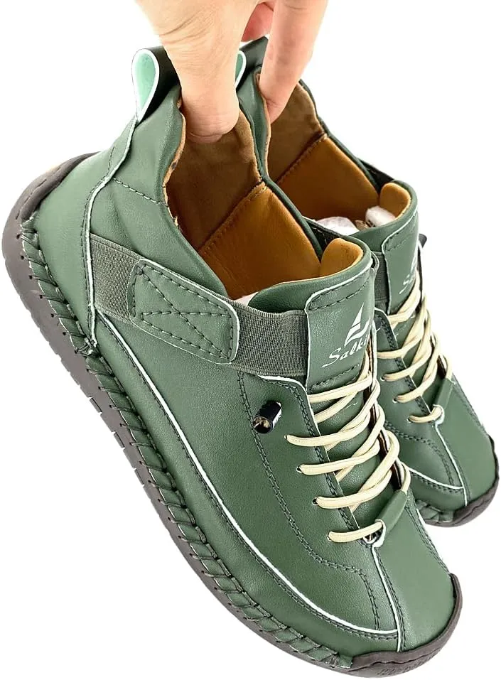 Women's Comfort Walking Shoes, Handstitched Leather Ankle Boots, Green Slip-On Outdoor Flats
