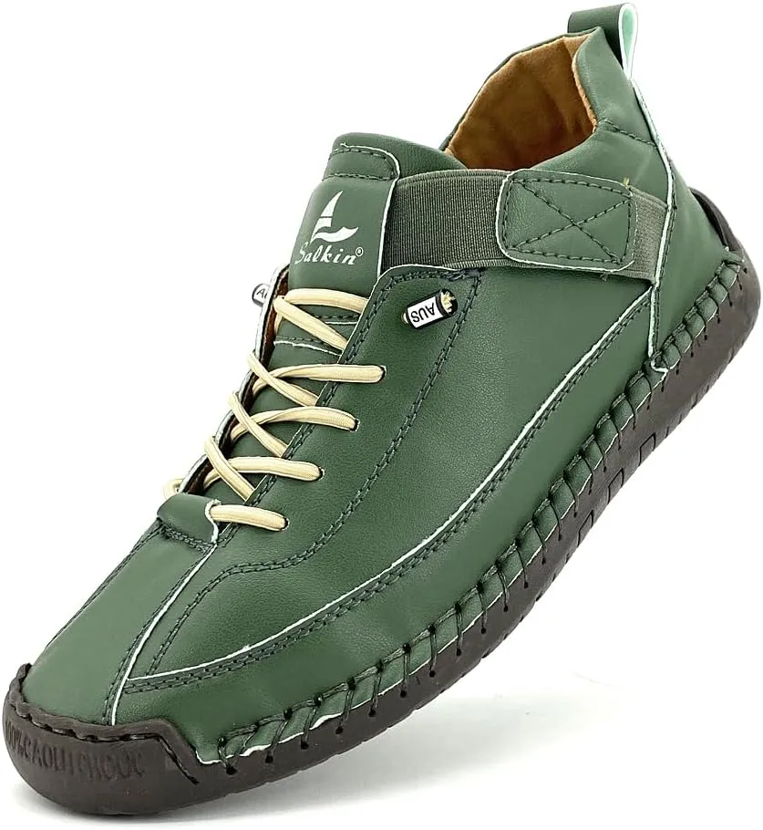 Women's Comfort Walking Shoes, Handstitched Leather Ankle Boots, Green Slip-On Outdoor Flats