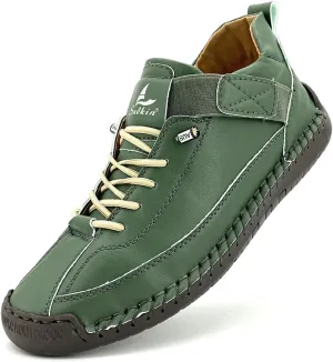 Women's Comfort Walking Shoes, Handstitched Leather Ankle Boots, Green Slip-On Outdoor Flats