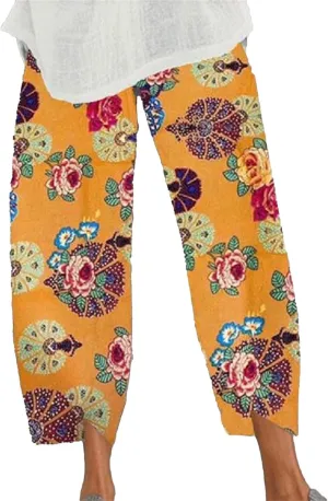 Women's Cotton Linen Boho Capri Lounge Tapered Pants Casual Vintage Elastic Mid Waist Trousers Relaxed Fit Pants with Pockets