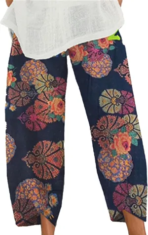 Women's Cotton Linen Boho Capri Lounge Tapered Pants Casual Vintage Elastic Mid Waist Trousers Relaxed Fit Pants with Pockets