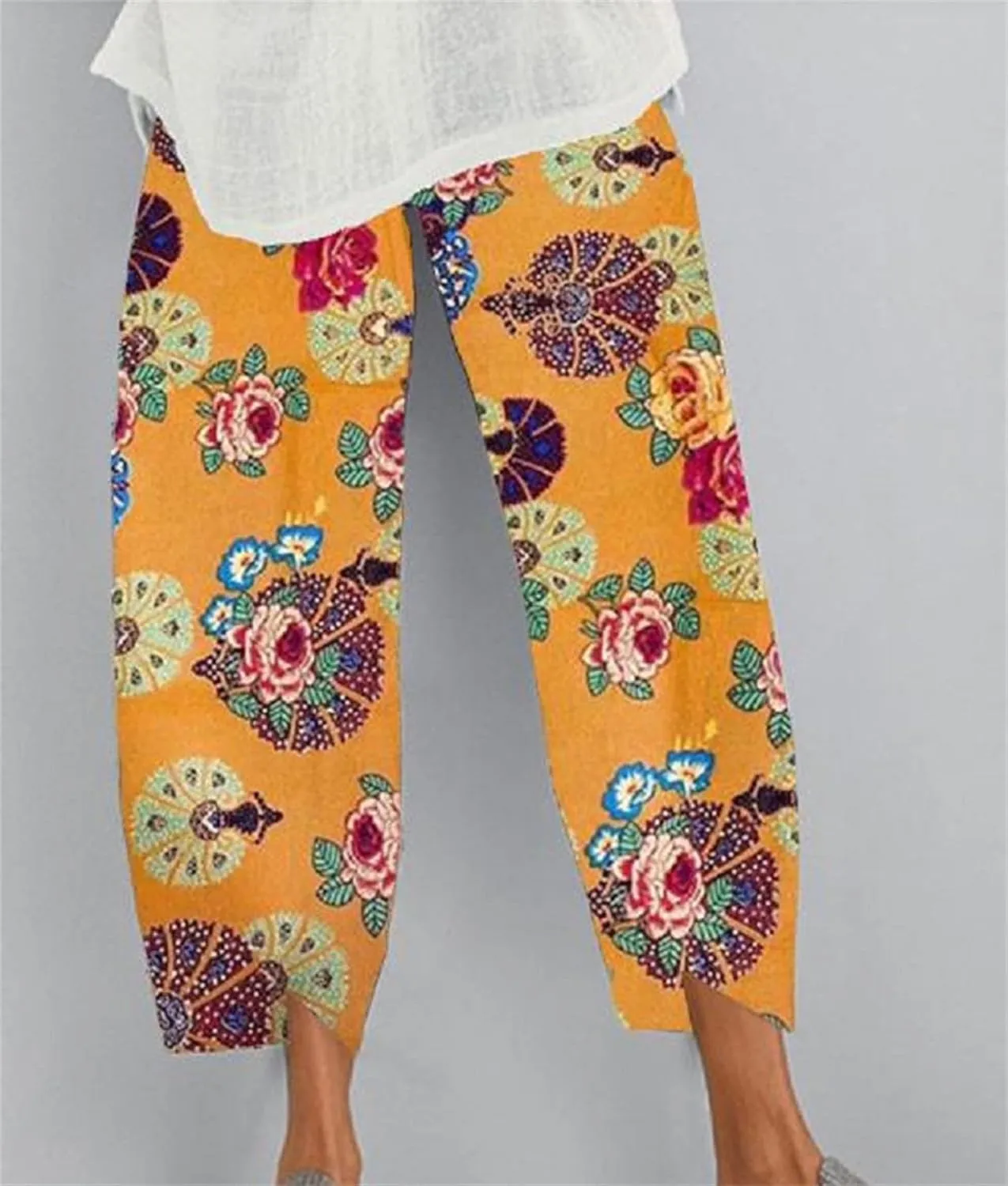 Women's Cotton Linen Boho Capri Lounge Tapered Pants Casual Vintage Elastic Mid Waist Trousers Relaxed Fit Pants with Pockets