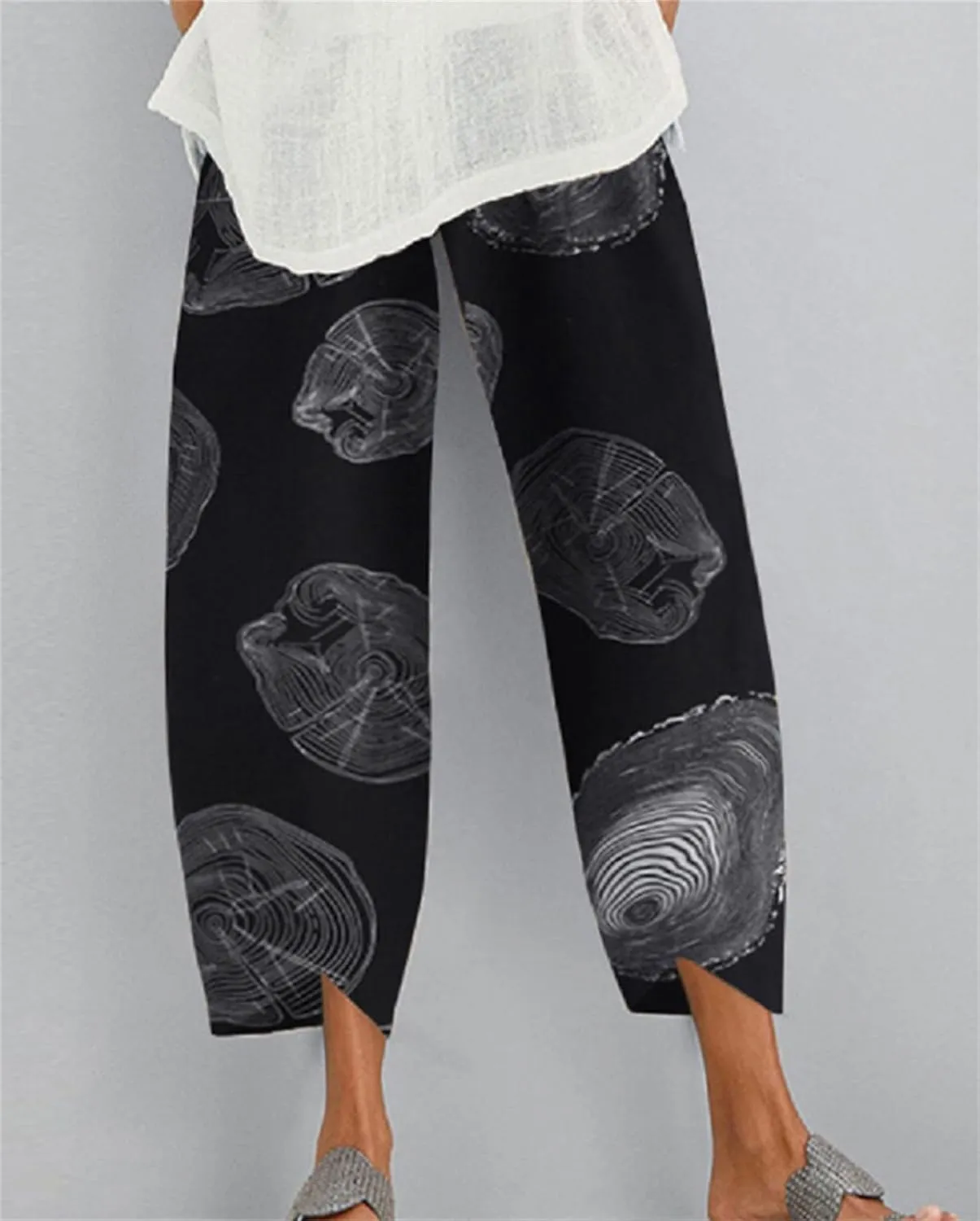 Women's Cotton Linen Boho Capri Lounge Tapered Pants Casual Vintage Elastic Mid Waist Trousers Relaxed Fit Pants with Pockets