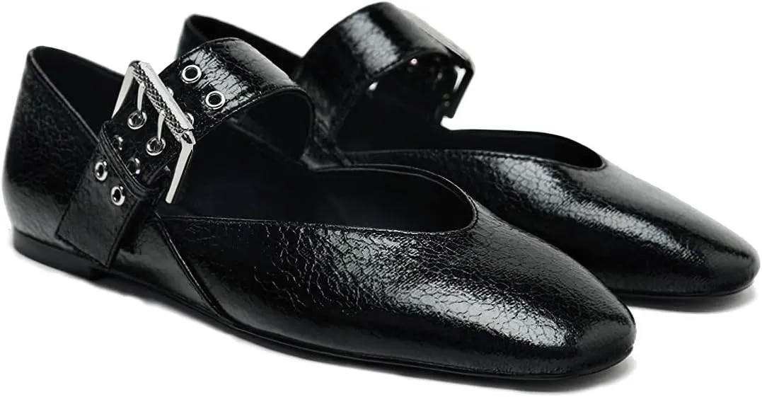 Women's Elegant Patent Ballet Flats Buckle Strap Mary Jane Flats Round Toe Ballet Flat Shoes for Women