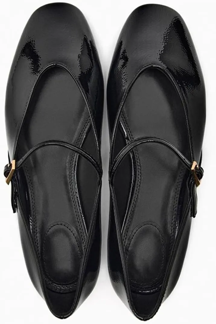 Women's Elegant Patent Ballet Flats Buckle Strap Mary Jane Flats Round Toe Ballet Flat Shoes for Women