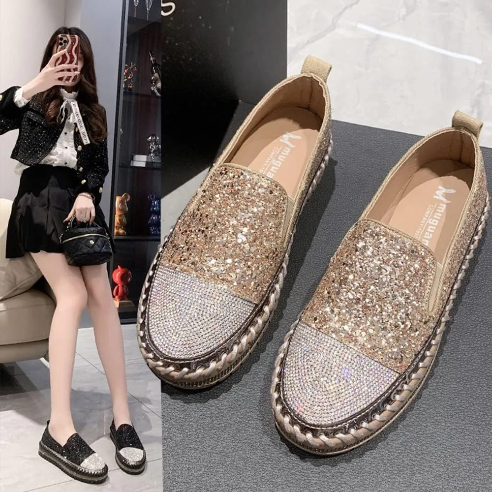 Women's Fashion Rhinestone Slip On Sneakers Casual Comfort Platform Walking Shoes Cute Bowknot Glitter Bling Loafers