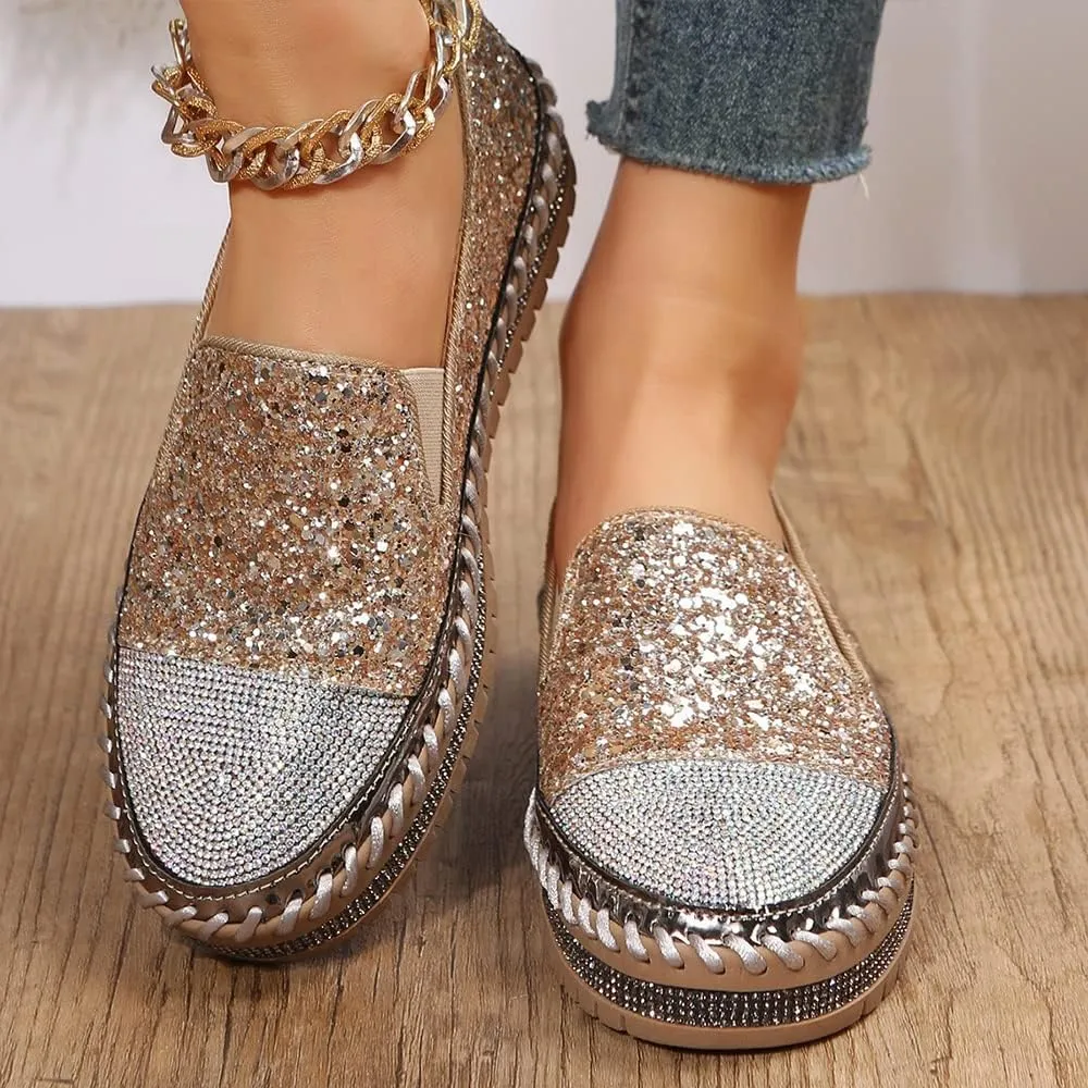 Women's Fashion Rhinestone Slip On Sneakers Casual Comfort Platform Walking Shoes Cute Bowknot Glitter Bling Loafers