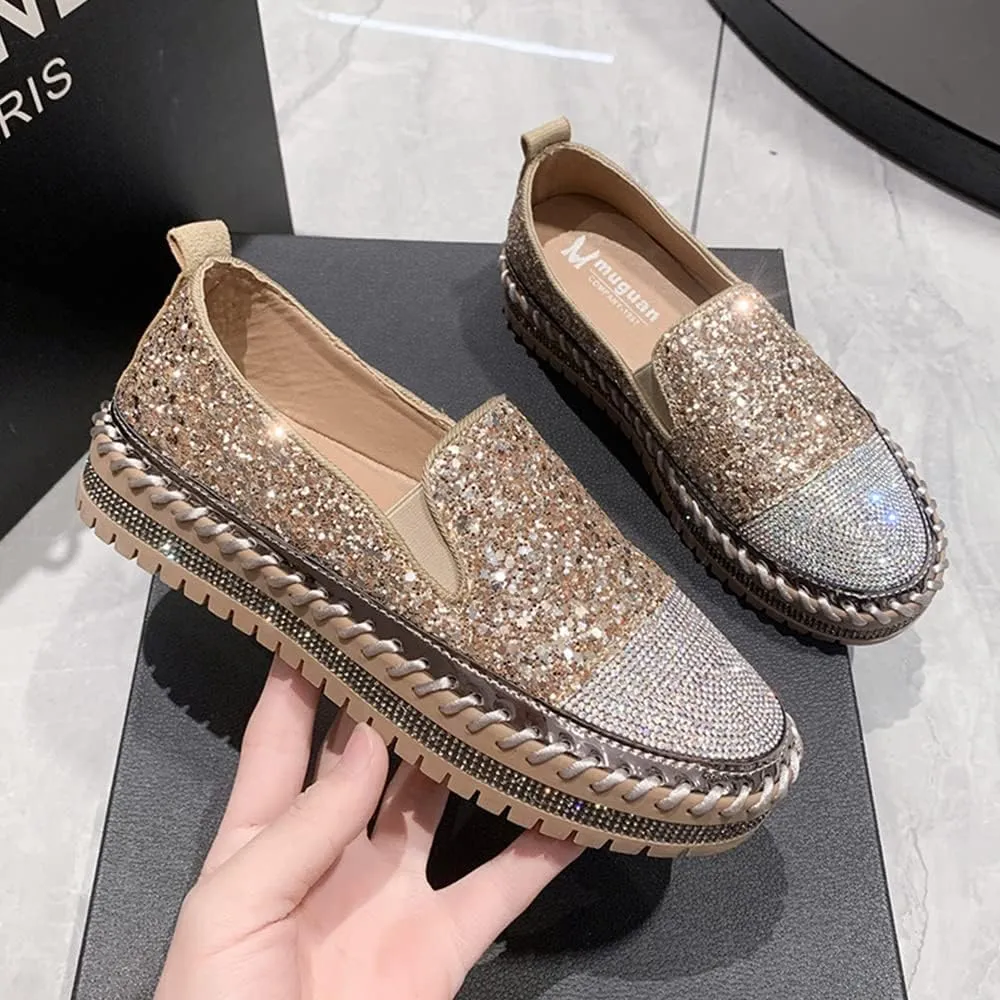 Women's Fashion Rhinestone Slip On Sneakers Casual Comfort Platform Walking Shoes Cute Bowknot Glitter Bling Loafers