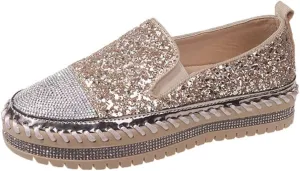 Women's Fashion Rhinestone Slip On Sneakers Casual Comfort Platform Walking Shoes Cute Bowknot Glitter Bling Loafers