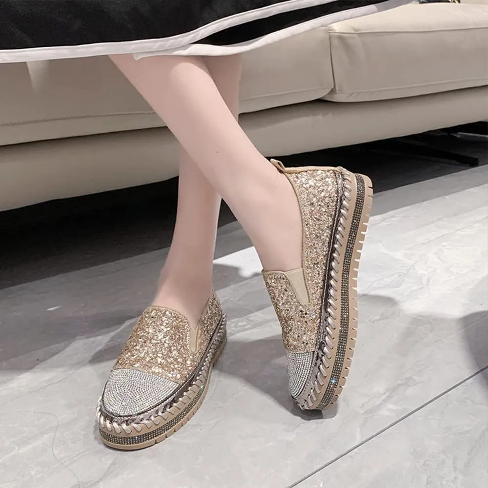 Women's Fashion Rhinestone Slip On Sneakers Casual Comfort Platform Walking Shoes Cute Bowknot Glitter Bling Loafers