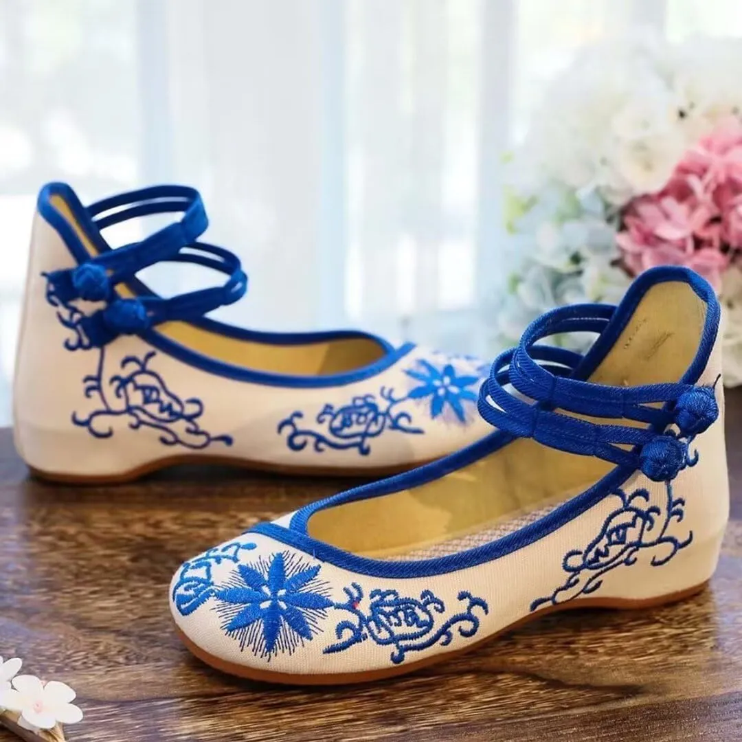 Women's Floral Flats Vintage Embroidered Shoes Mary Jane Shoes Casual Ballet Flats