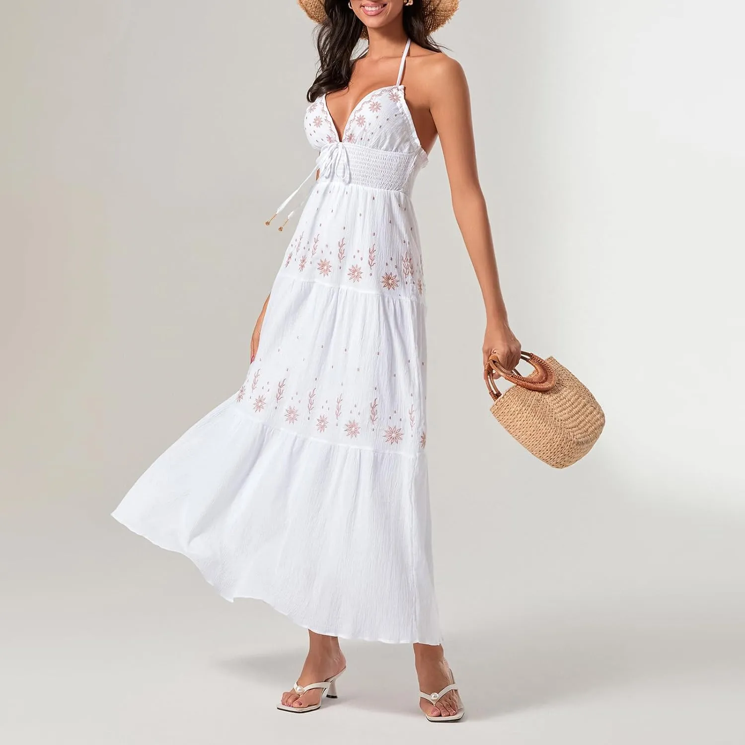 Women's Halter Neck Cami Long Dress Deep V Neck Backless Floral Embroidery Maxi Dress Summer Beach Vacation Sundress