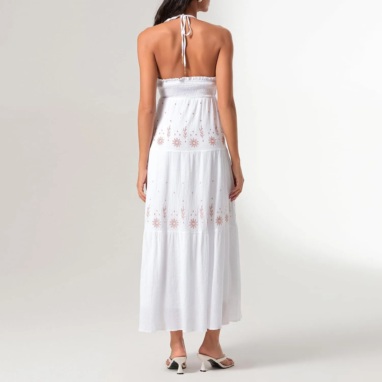 Women's Halter Neck Cami Long Dress Deep V Neck Backless Floral Embroidery Maxi Dress Summer Beach Vacation Sundress