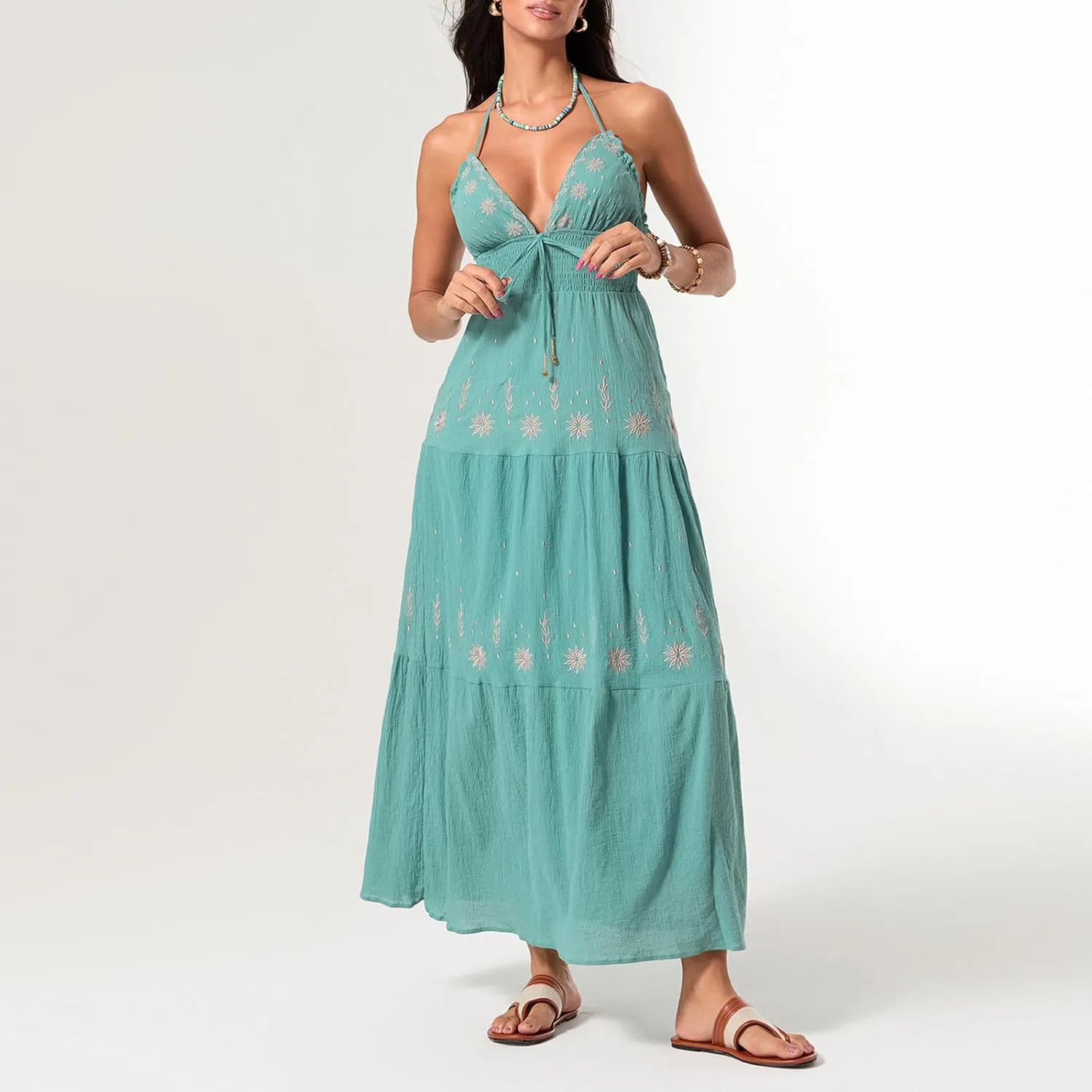 Women's Halter Neck Cami Long Dress Deep V Neck Backless Floral Embroidery Maxi Dress Summer Beach Vacation Sundress