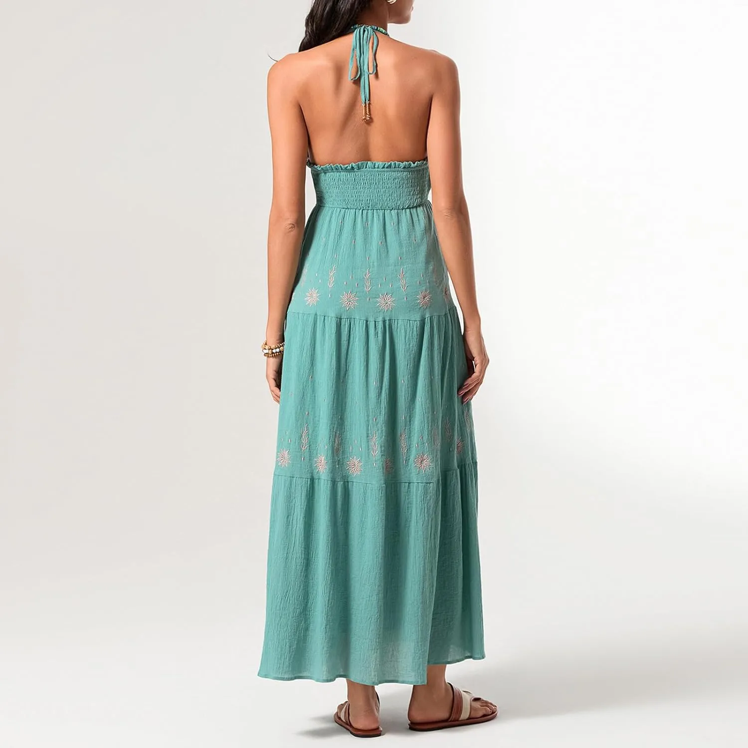 Women's Halter Neck Cami Long Dress Deep V Neck Backless Floral Embroidery Maxi Dress Summer Beach Vacation Sundress