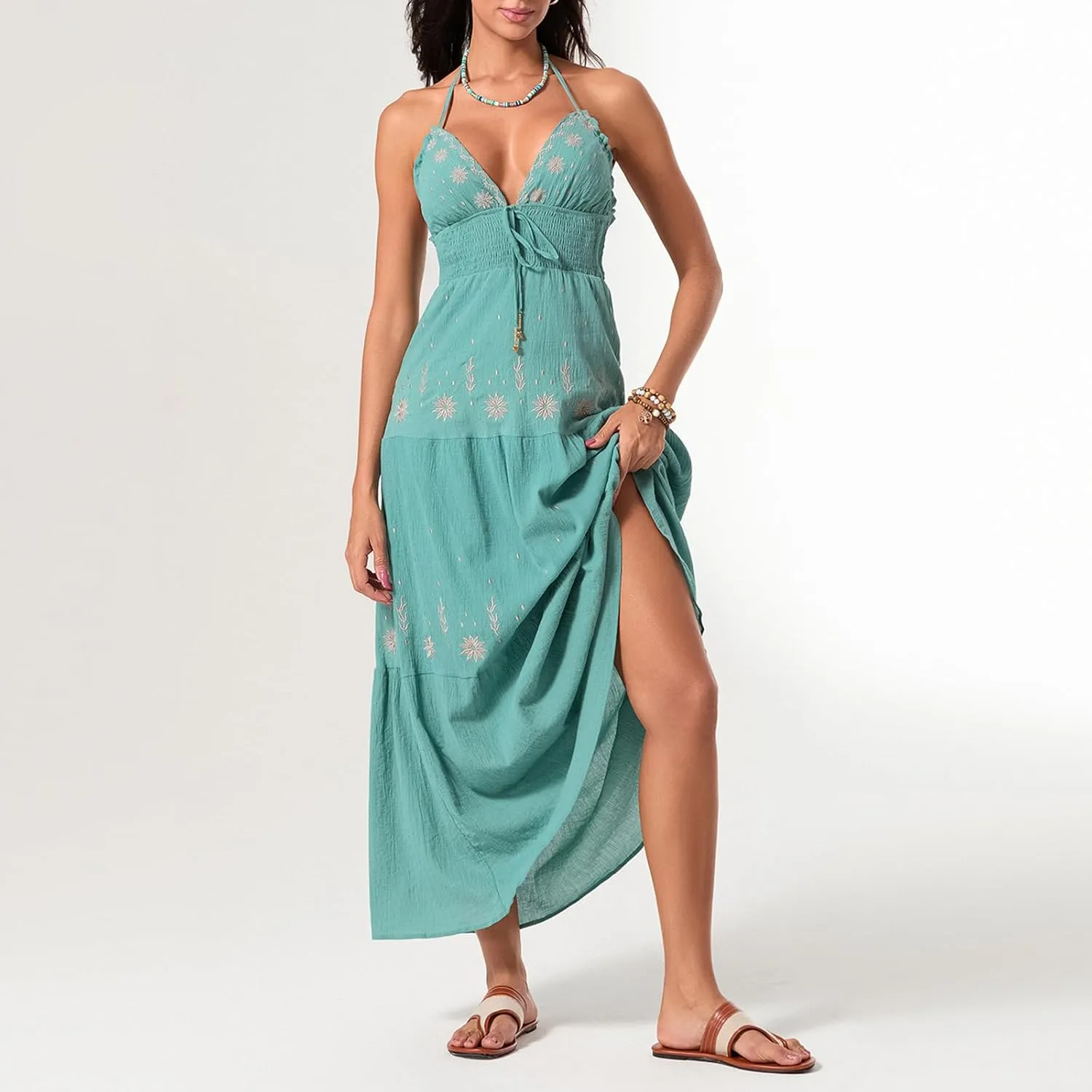 Women's Halter Neck Cami Long Dress Deep V Neck Backless Floral Embroidery Maxi Dress Summer Beach Vacation Sundress