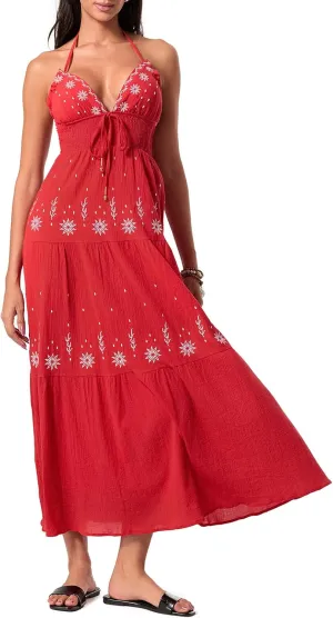 Women's Halter Neck Cami Long Dress Deep V Neck Backless Floral Embroidery Maxi Dress Summer Beach Vacation Sundress