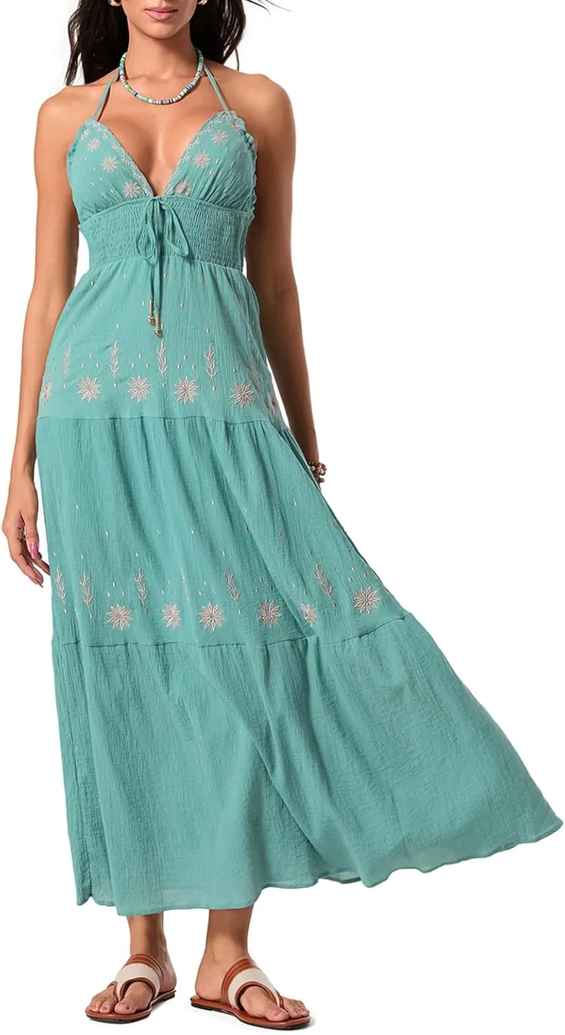 Women's Halter Neck Cami Long Dress Deep V Neck Backless Floral Embroidery Maxi Dress Summer Beach Vacation Sundress