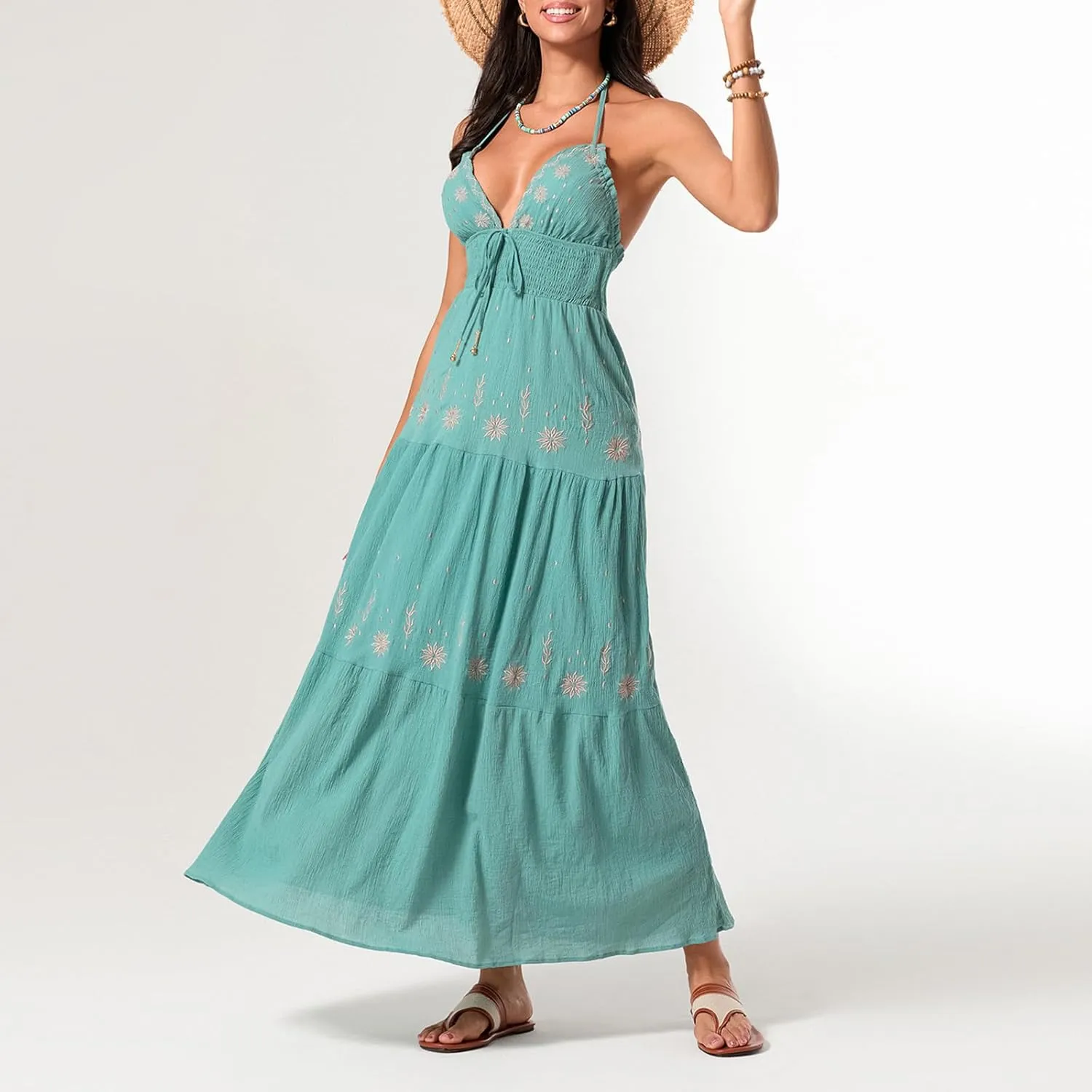 Women's Halter Neck Cami Long Dress Deep V Neck Backless Floral Embroidery Maxi Dress Summer Beach Vacation Sundress