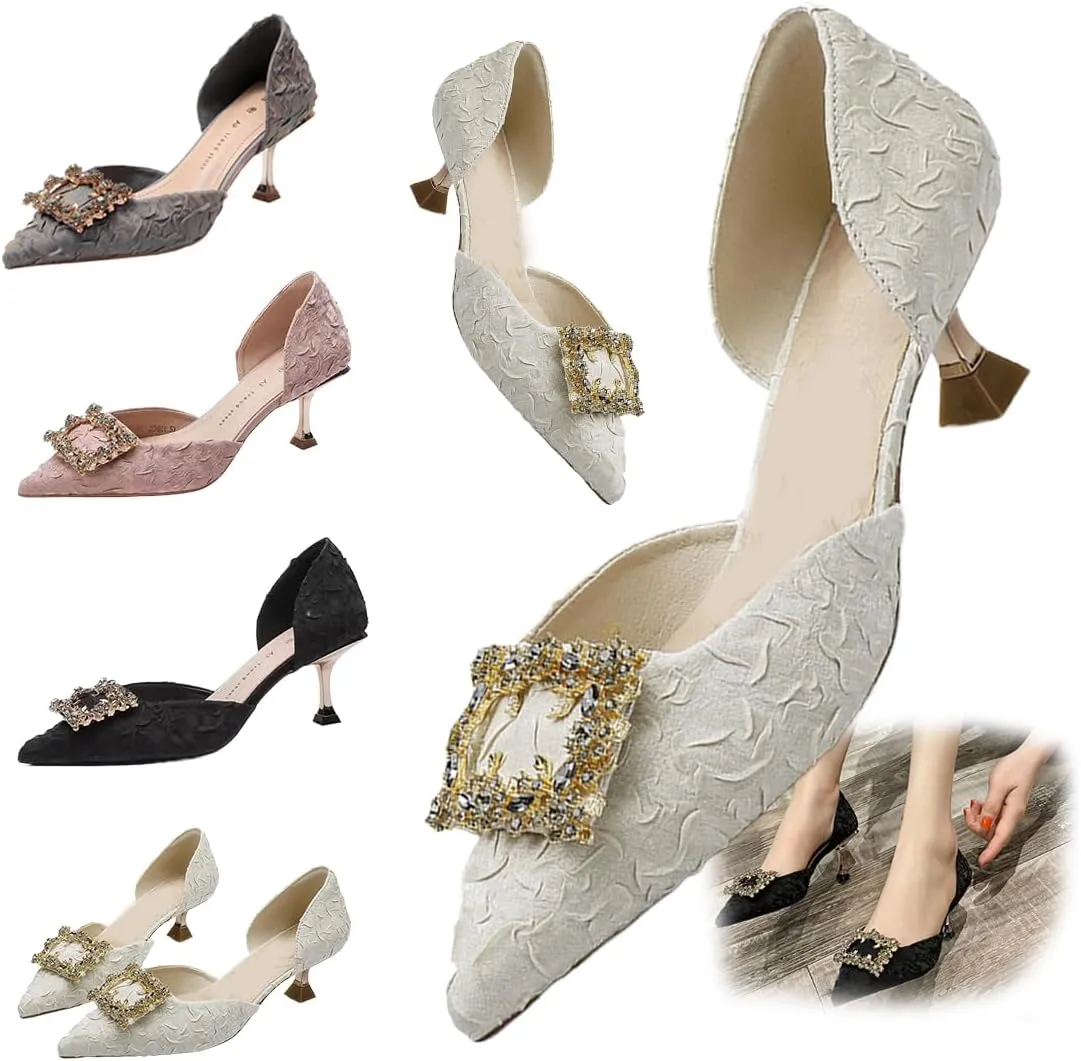 Women's high heels, elegant pointed toe, 2 inch crystal block heel low heels, rhinestone square buckle, satin slip-on Wedding Shoes