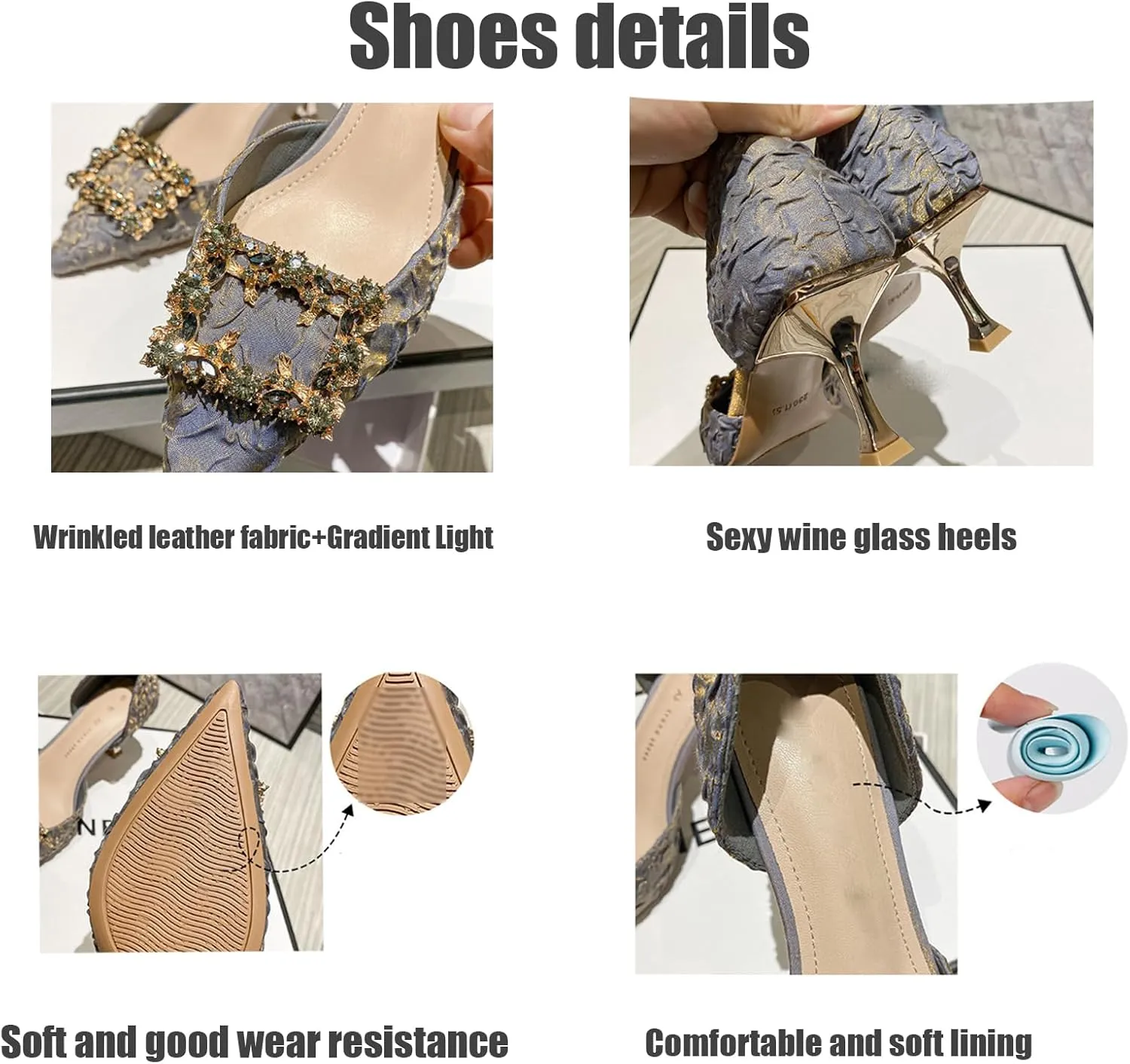 Women's high heels, elegant pointed toe, 2 inch crystal block heel low heels, rhinestone square buckle, satin slip-on Wedding Shoes