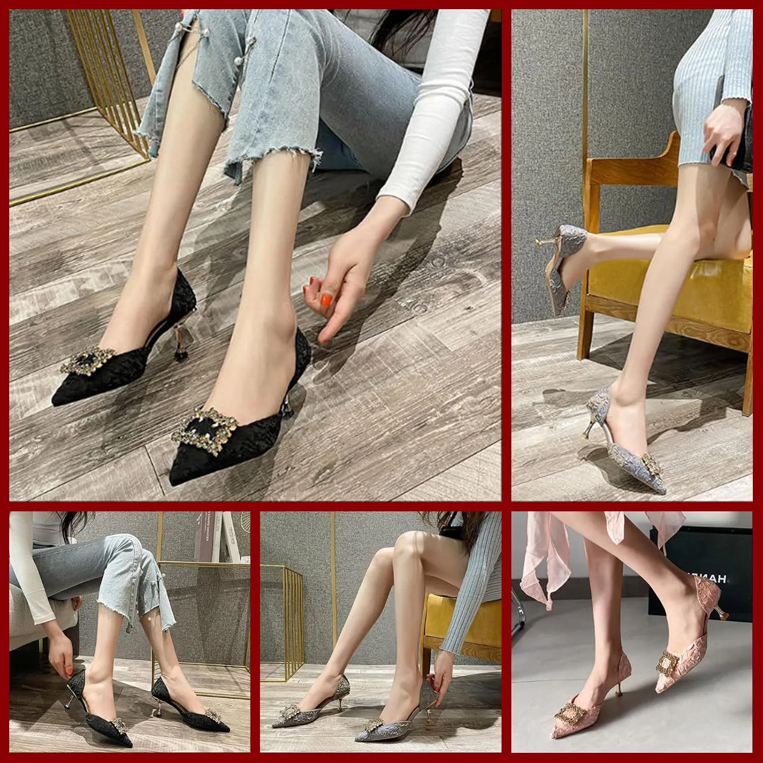 Women's high heels, elegant pointed toe, 2 inch crystal block heel low heels, rhinestone square buckle, satin slip-on Wedding Shoes
