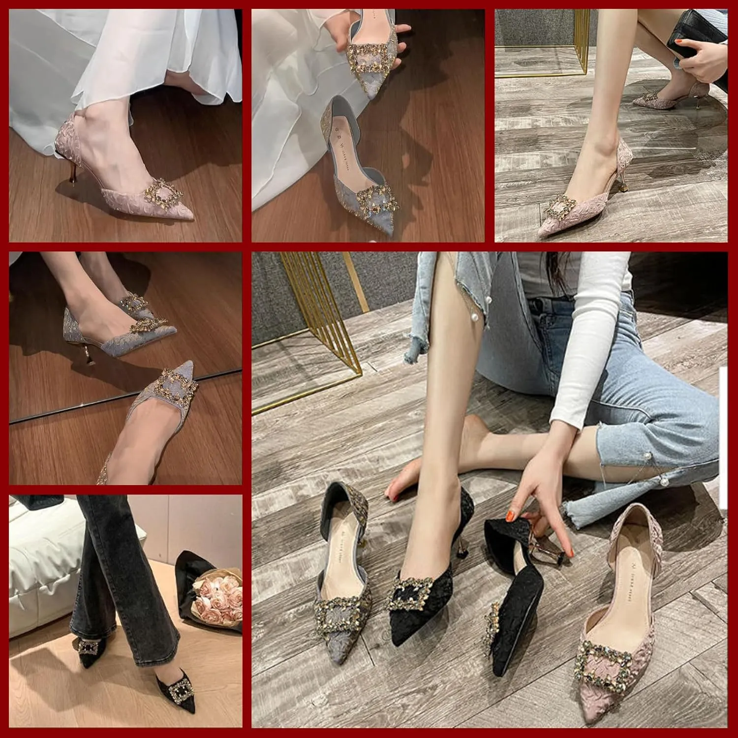 Women's high heels, elegant pointed toe, 2 inch crystal block heel low heels, rhinestone square buckle, satin slip-on Wedding Shoes