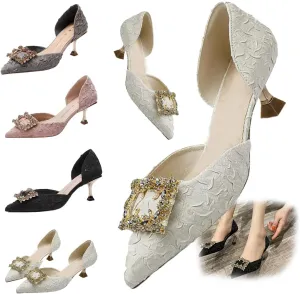 Women's high heels, elegant pointed toe, 2 inch crystal block heel low heels, rhinestone square buckle, satin slip-on Wedding Shoes