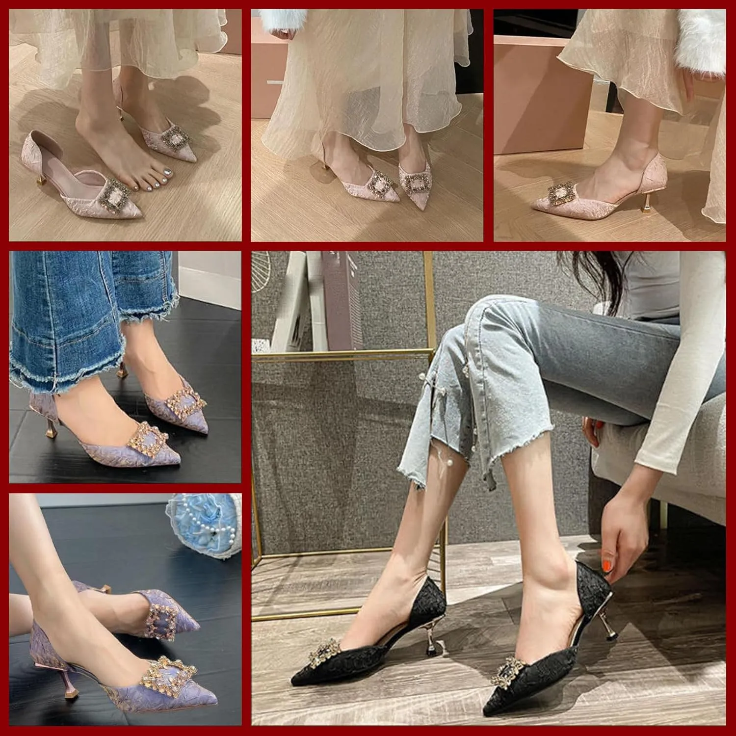 Women's high heels, elegant pointed toe, 2 inch crystal block heel low heels, rhinestone square buckle, satin slip-on Wedding Shoes