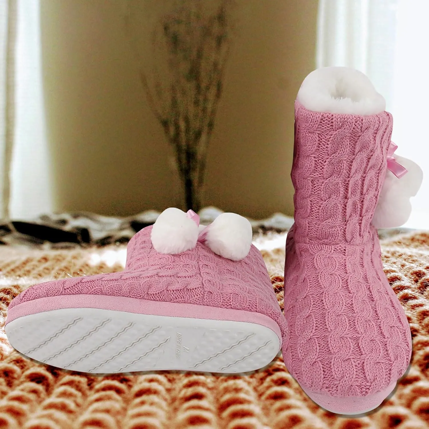 Women's Knit Slippers Indoor Warm Fluffy Home Bootie Slippers Anti-Slip House Shoes with Cute Pom Poms Soft Cozy Ankle Boots for Women